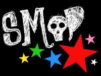 SMAP in all white text with a skull in place of the A. There are 6 black stars of various sizes in the SMAP member colors below.